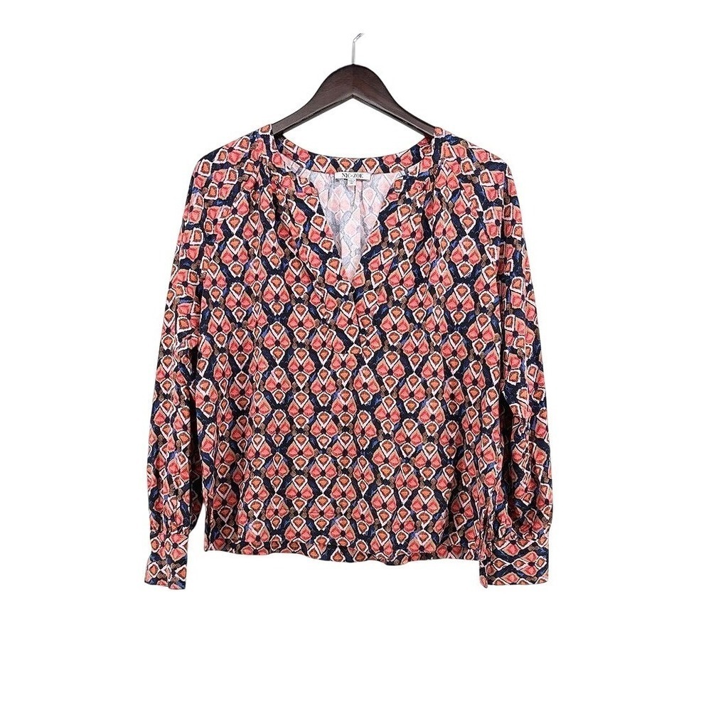NIC+ZOE Womens Blue Orange Diamond Print V-Neck Ecovero Viscose Blouse M